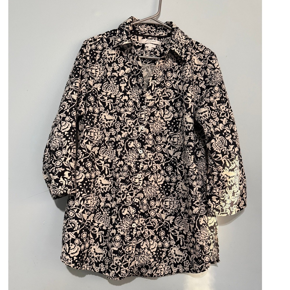Foxcroft Size 14 NYC Black White Floral Toile Cotton Shirt Shaped 1512